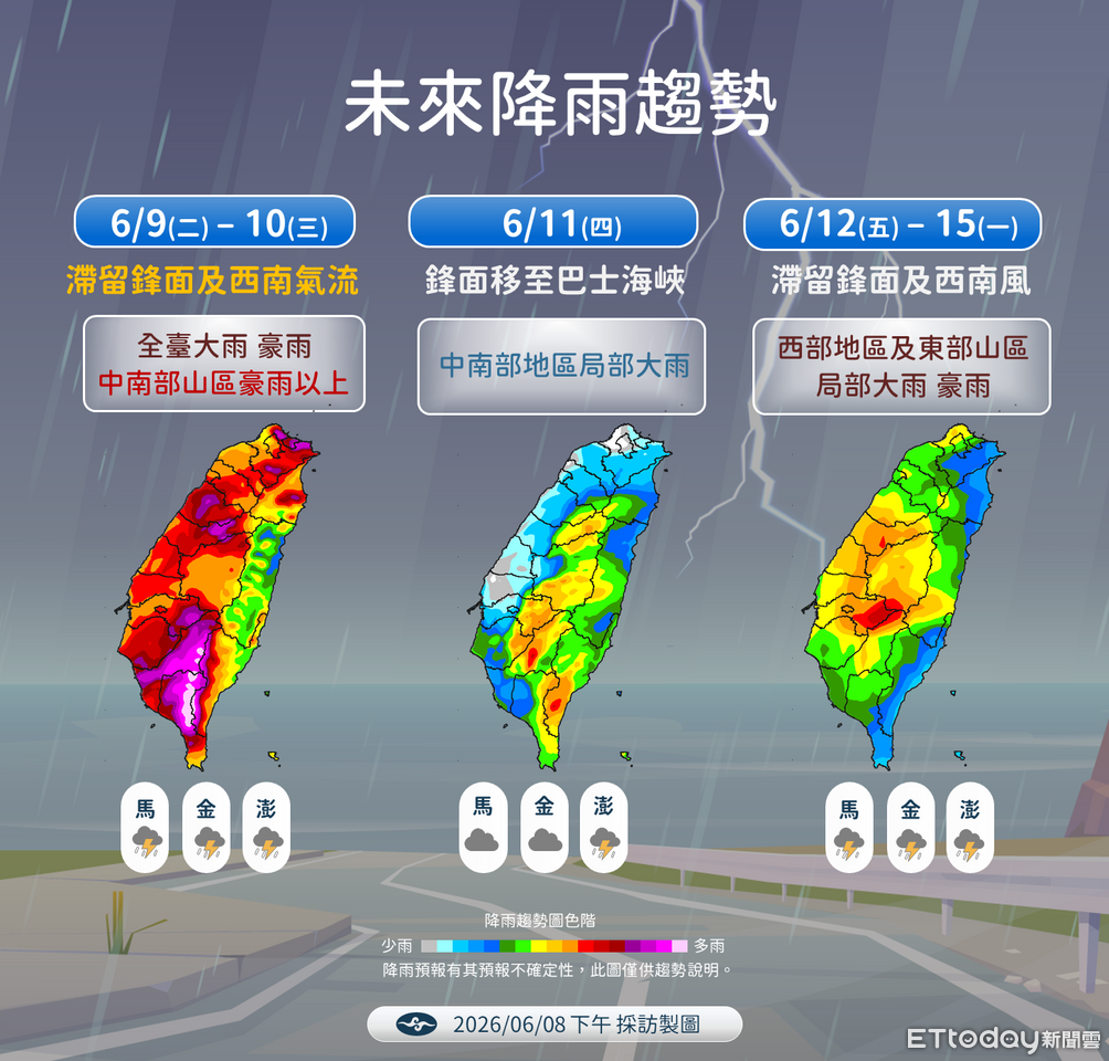 明後天全台雨最大 西南氣流影響「中南部下到發紫」