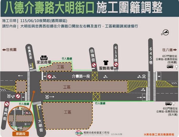 桃園捷運綠線施工6/10起調整 大明街、忠勇西街交通動線一次看