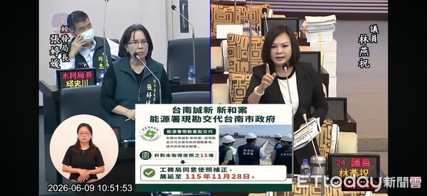 ▲台南市議員林燕祝質詢將軍區漁電共生案場，質疑假養殖真種電及土方回填問題，要求市府全面清查。（記者林東良翻攝，下同）
