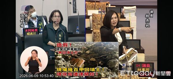 ▲台南市議員林燕祝質詢將軍區漁電共生案場，質疑假養殖真種電及土方回填問題，要求市府全面清查。（記者林東良翻攝，下同）