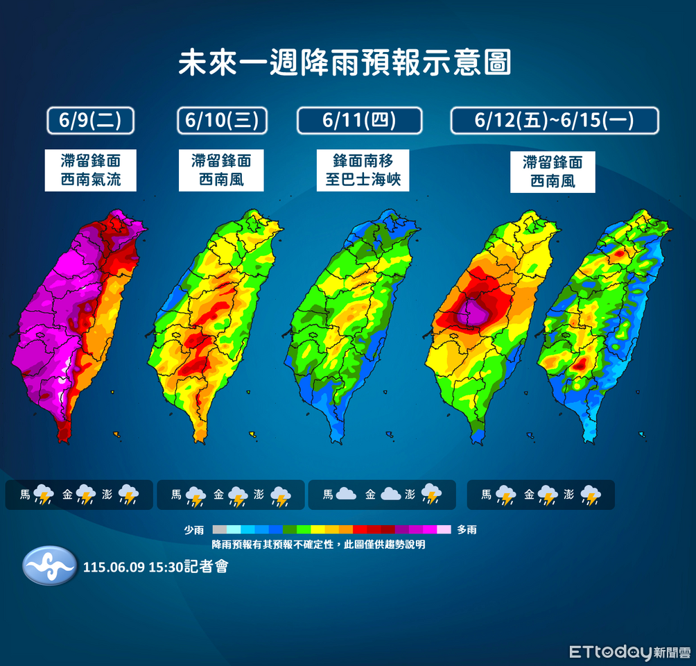 明天中南部豪雨持續 周末又有滯留鋒面「全台濕答答」