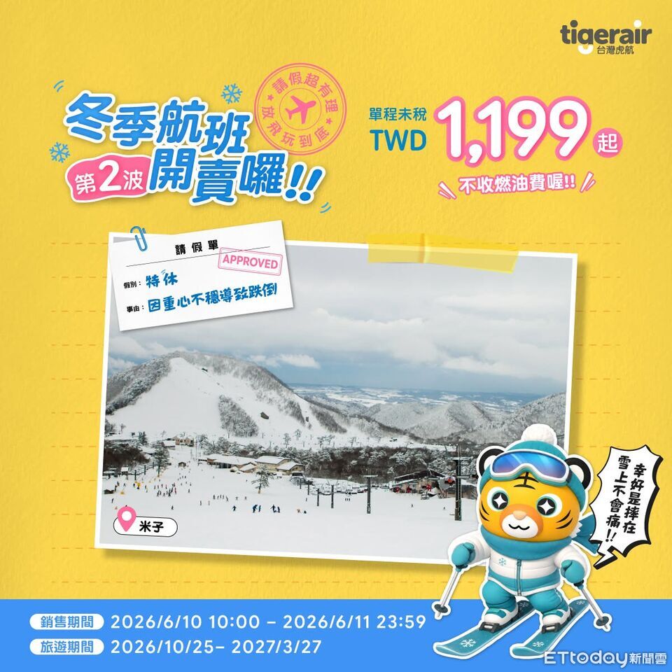 虎航冬季航班「單程1199元起」 上午10點開搶