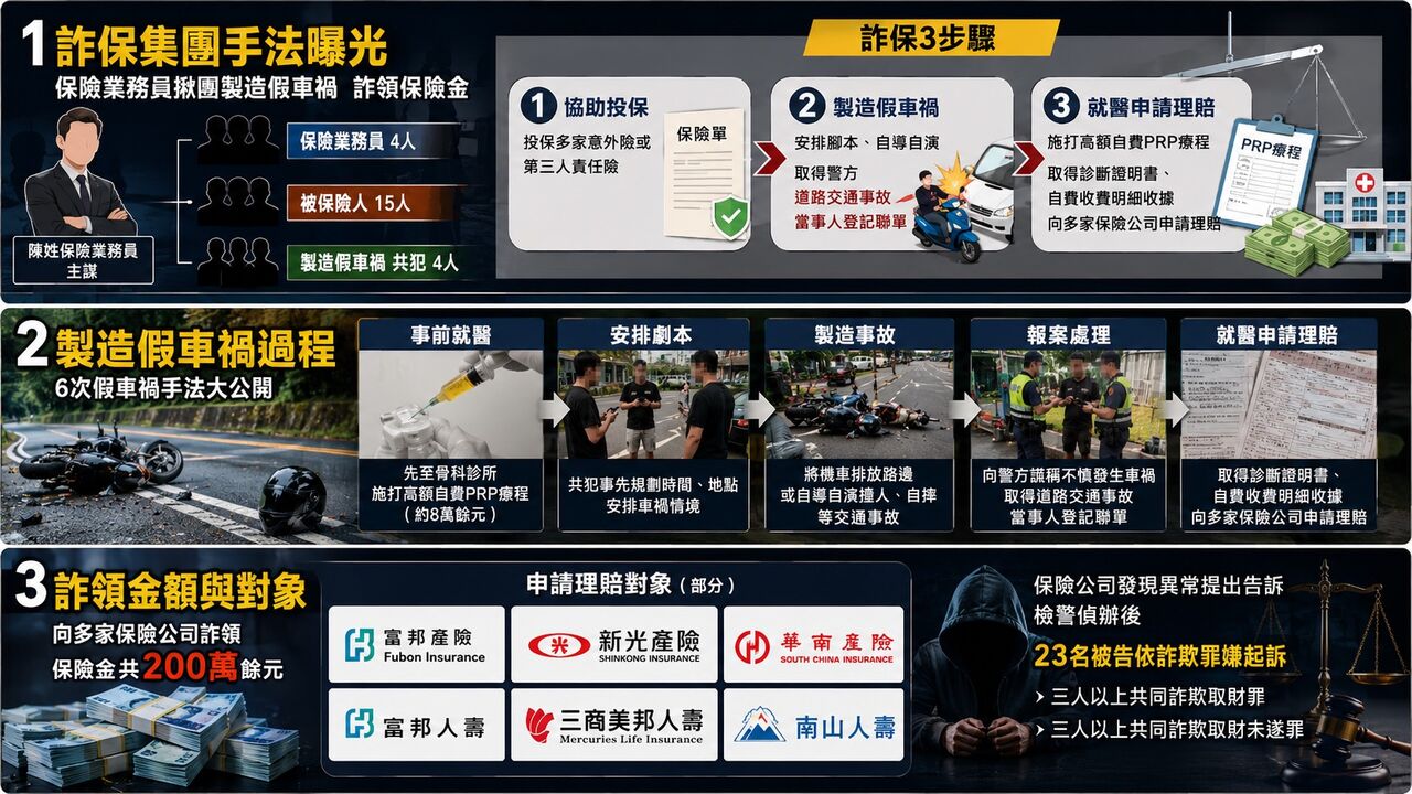 撞一次領多次!保險業務員靠PRP詐保 23人演6場假車禍撈200萬