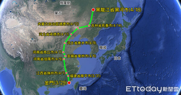 ▲▼東方鵟北返遷徙路徑。（圖／金門國家公園管理處提供）