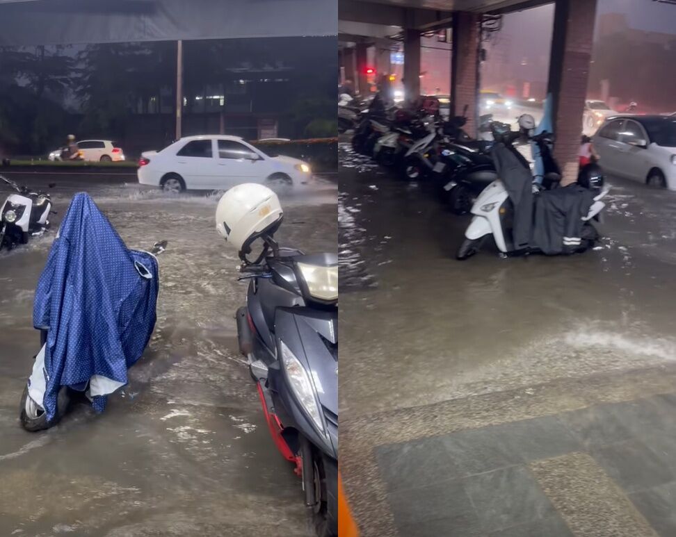 大雷雨夜襲台南!24區警報齊發「道路狂淹」 騎士嘆:機車騎不動