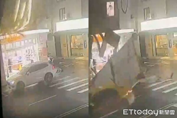 ▲▼藥妝店招牌掉下重砸，休旅車完全扛住。（圖／記者白珈陽翻攝）