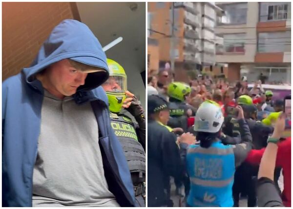 涉案美籍男子遭哥倫比亞警方逮捕（左圖），大批群眾聚集公寓外抗議（右圖）。（翻攝X畫面）