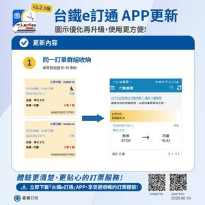 台鐵APP升級「同訂單車票可群組收納」　換票免設出發時間