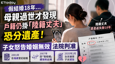 陸籍尪消失18年！妻死後仍卡配偶欄　子女出手「斬假婚保遺產」