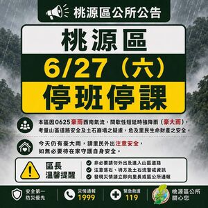 快訊／豪大雨狂炸！　高雄市桃源區宣布今停班停課