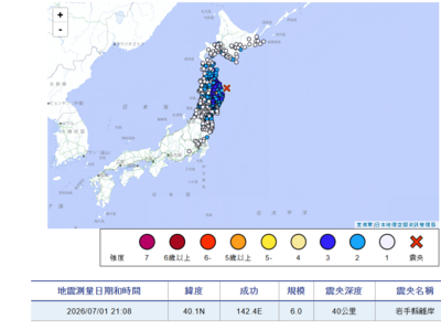 快訊/日本晚間規模6.0地震!岩手、青森最大震度4 震源深40公里