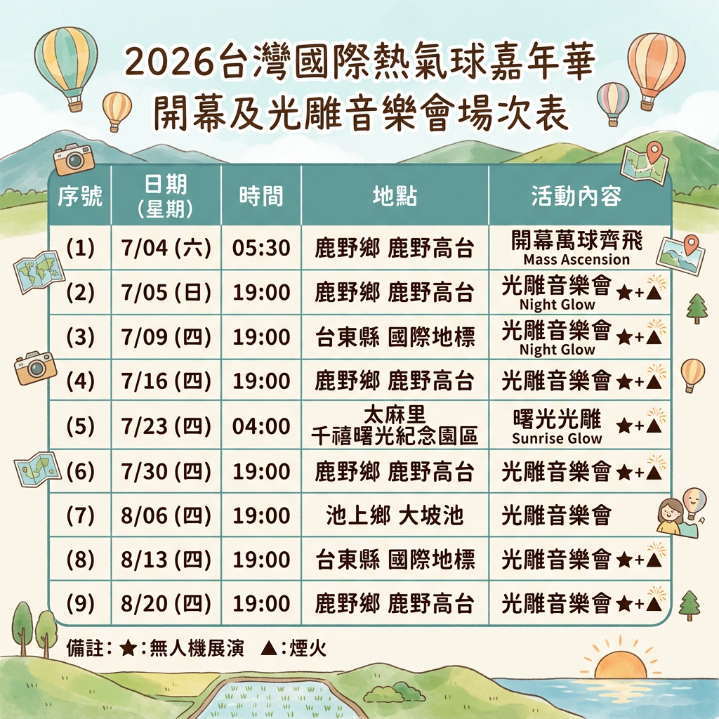 ▲▼台灣國際熱氣球嘉年華光雕音樂會場次。（AI協作圖／記者蔡玟君製作，經編輯審核）