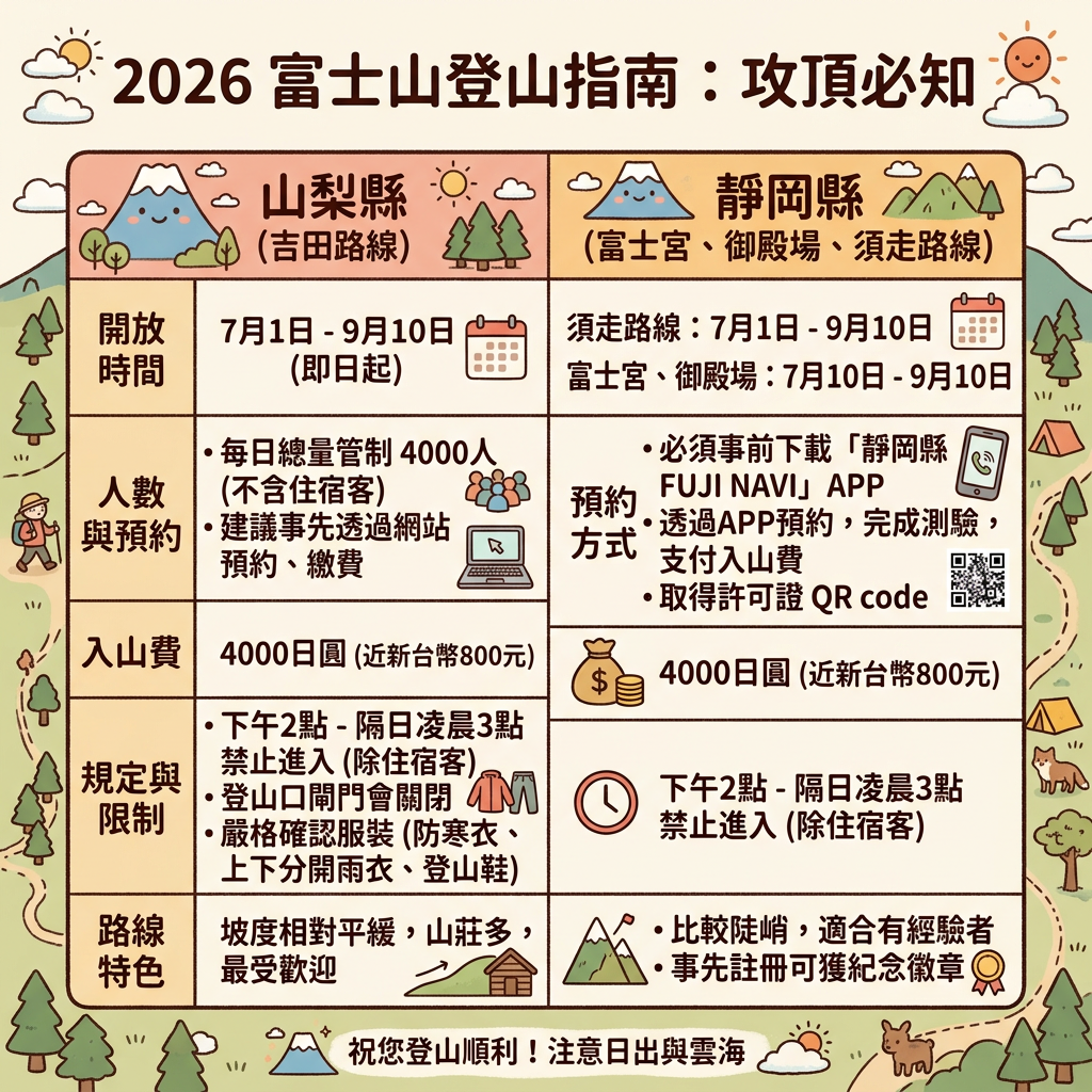 ▲▼日本富士山4條路線2026年登山注意事項。（AI協作圖／記者蔡玟君製作，經編輯審核）