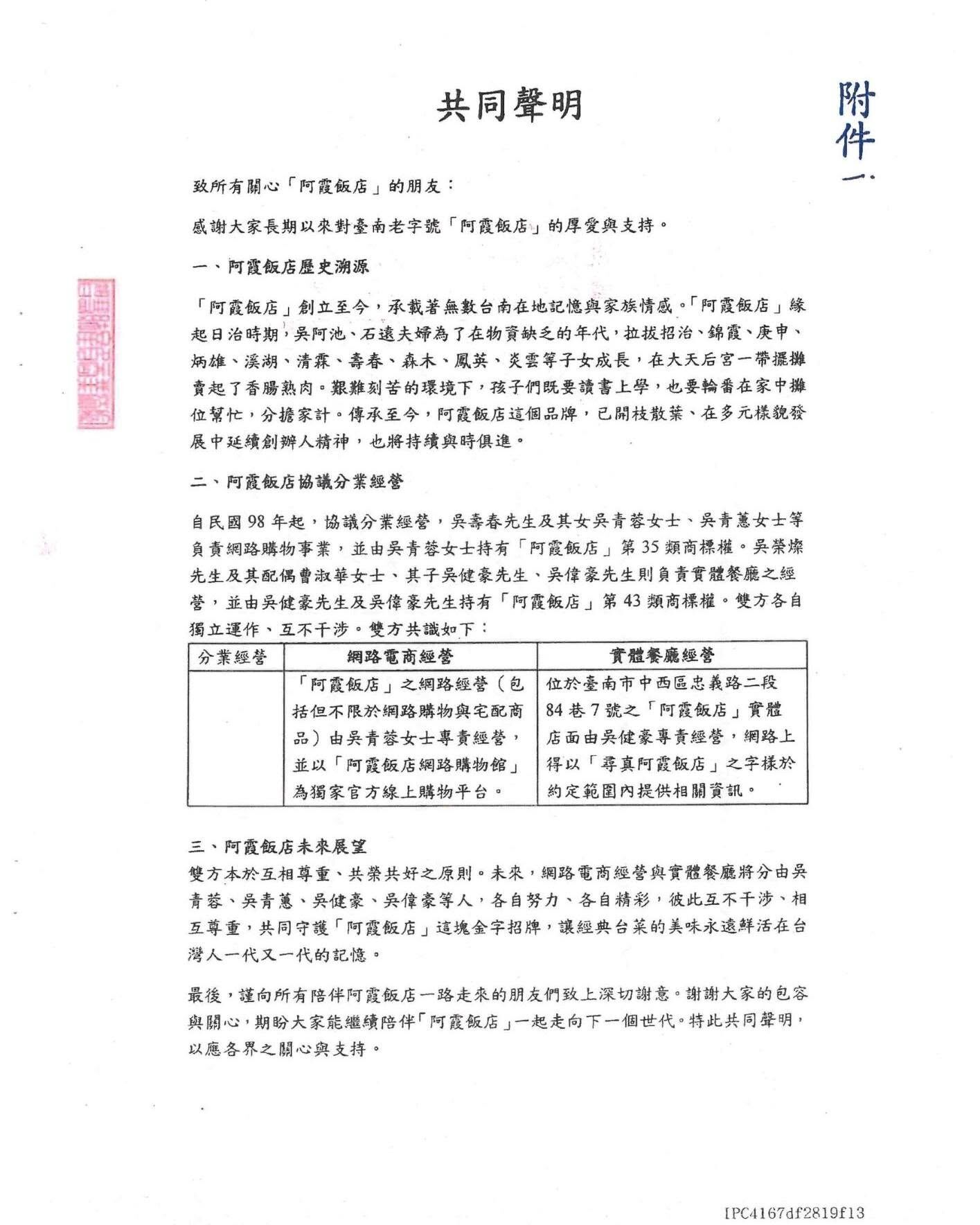 ▲協議分業經營。（圖／取自尋真阿霞飯店臉書）