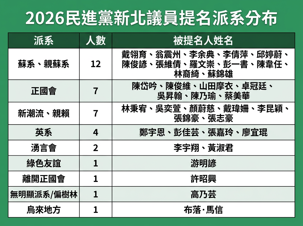 ▲▼2026民進黨新北議員提名派系分布。（AI協作圖／記者詹詠淇製作，經編輯審核）