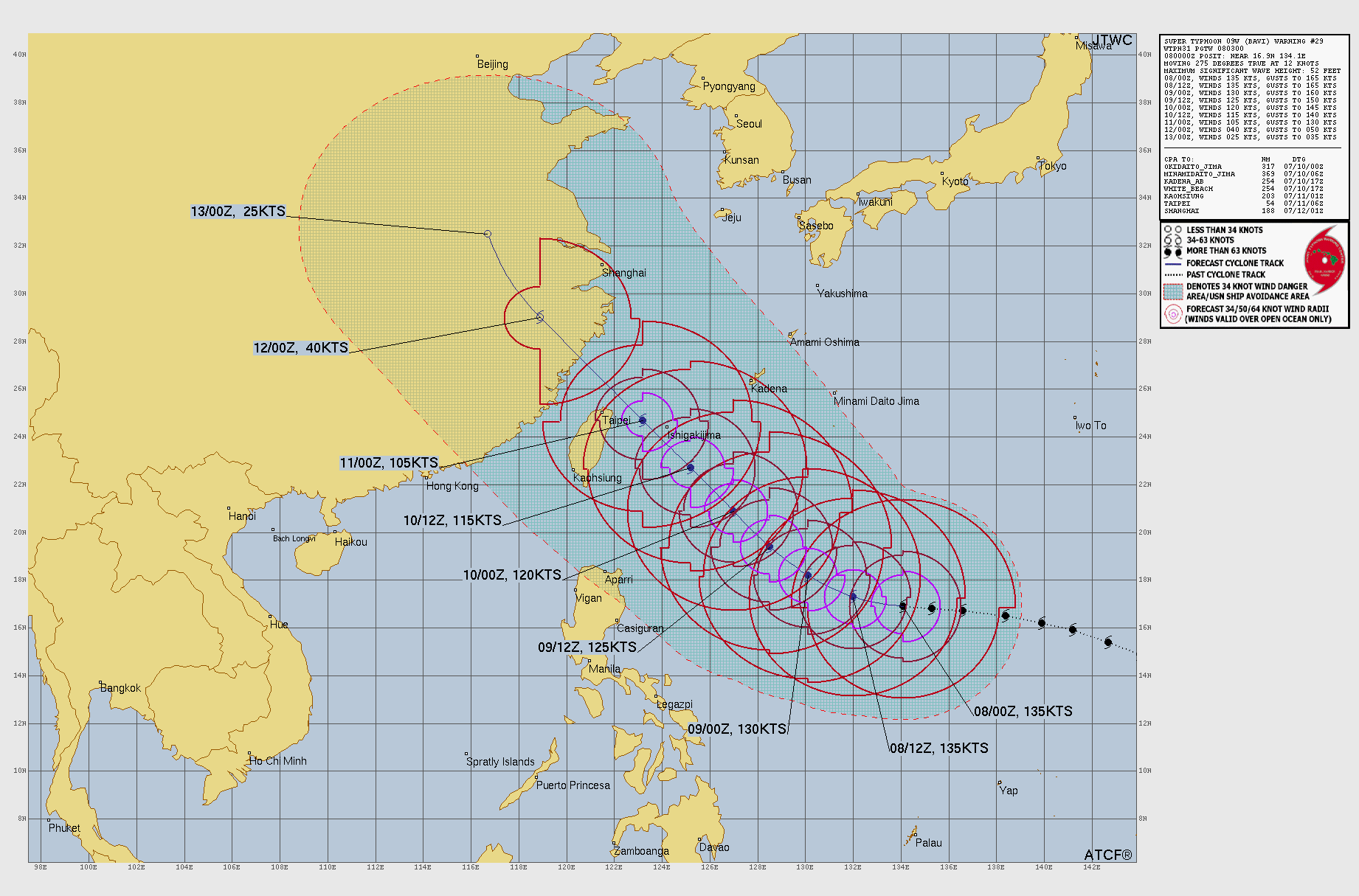 ▲▼美軍預測颱風巴威路徑，預估11日下午2時通過台灣東北方近海。（圖／翻攝自JTWC）