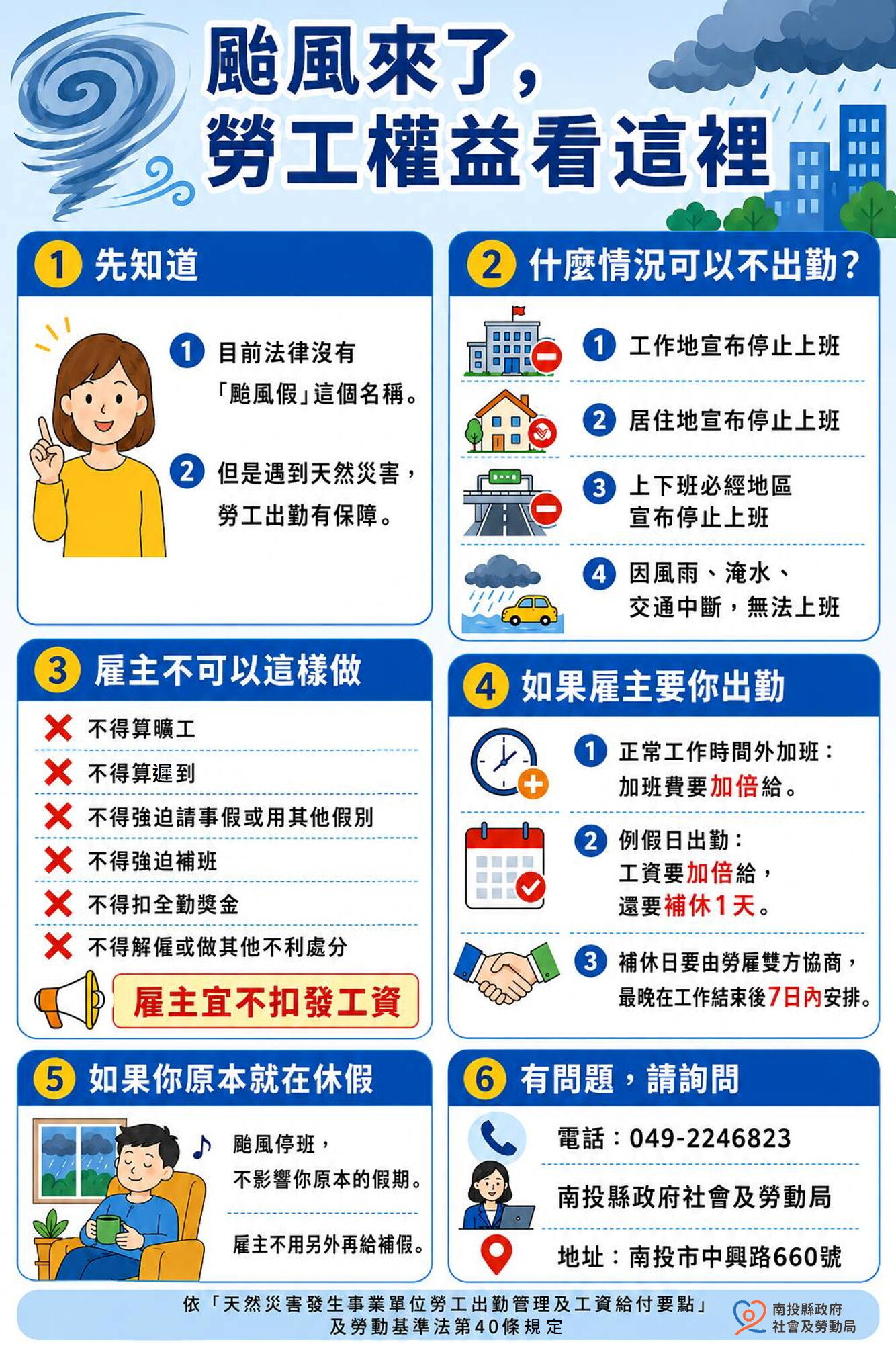 ▲南投縣政府提醒颱風天也應顧及勞工權益。（圖／南投縣政府提供）