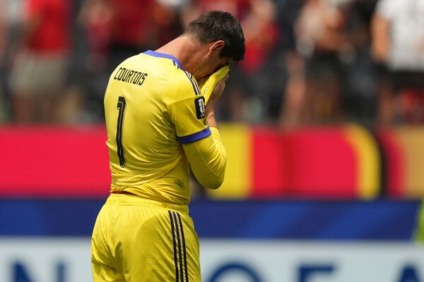 ▲比利時門神庫爾圖瓦（Thibaut Courtois）意外傷退，退場時忍不住落淚。（圖／達志影像／美聯社）