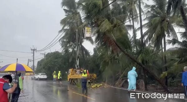 ▲里港警方會同台電、九如鄉公所人員清除路倒椰子樹。（圖／記者陳崑福翻攝）