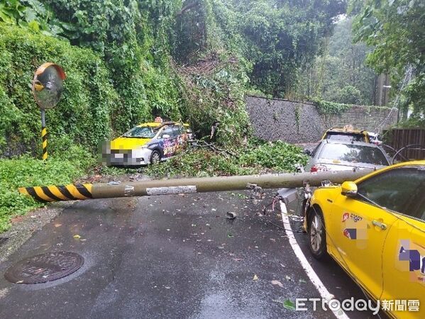 ▲▼▲中颱巴威襲台，北投地熱谷旁電線桿遭吹垮，波及路邊多台汽車。（圖／記者邱中岳翻攝）