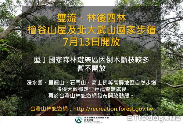 ▲雙流、林後四林、檜谷山屋、北大武山步道等森林育樂場域13日起開放。（圖／林業及自然保育署屏東分署提供）