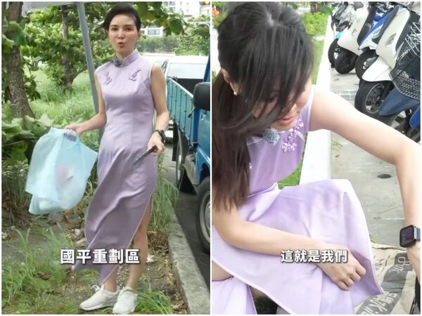 颱風天台南水溝堵塞！里長參選人「穿旗袍」清淤被罵爆。（翻攝胡晴柔Threads）