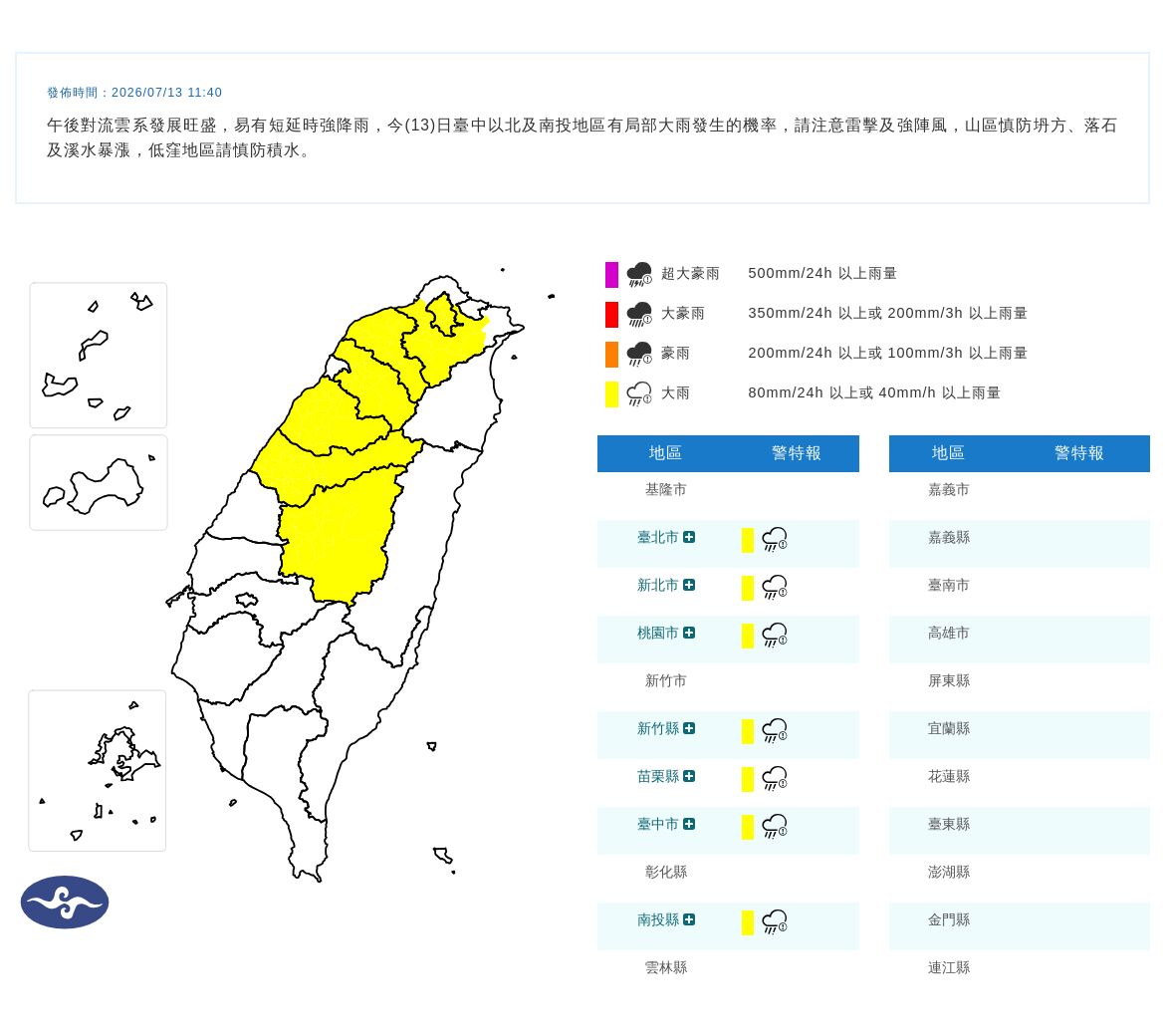 快訊／7縣市大雨特報！午後對流雲系發展旺盛雨勢強襲　最新警戒區域曝