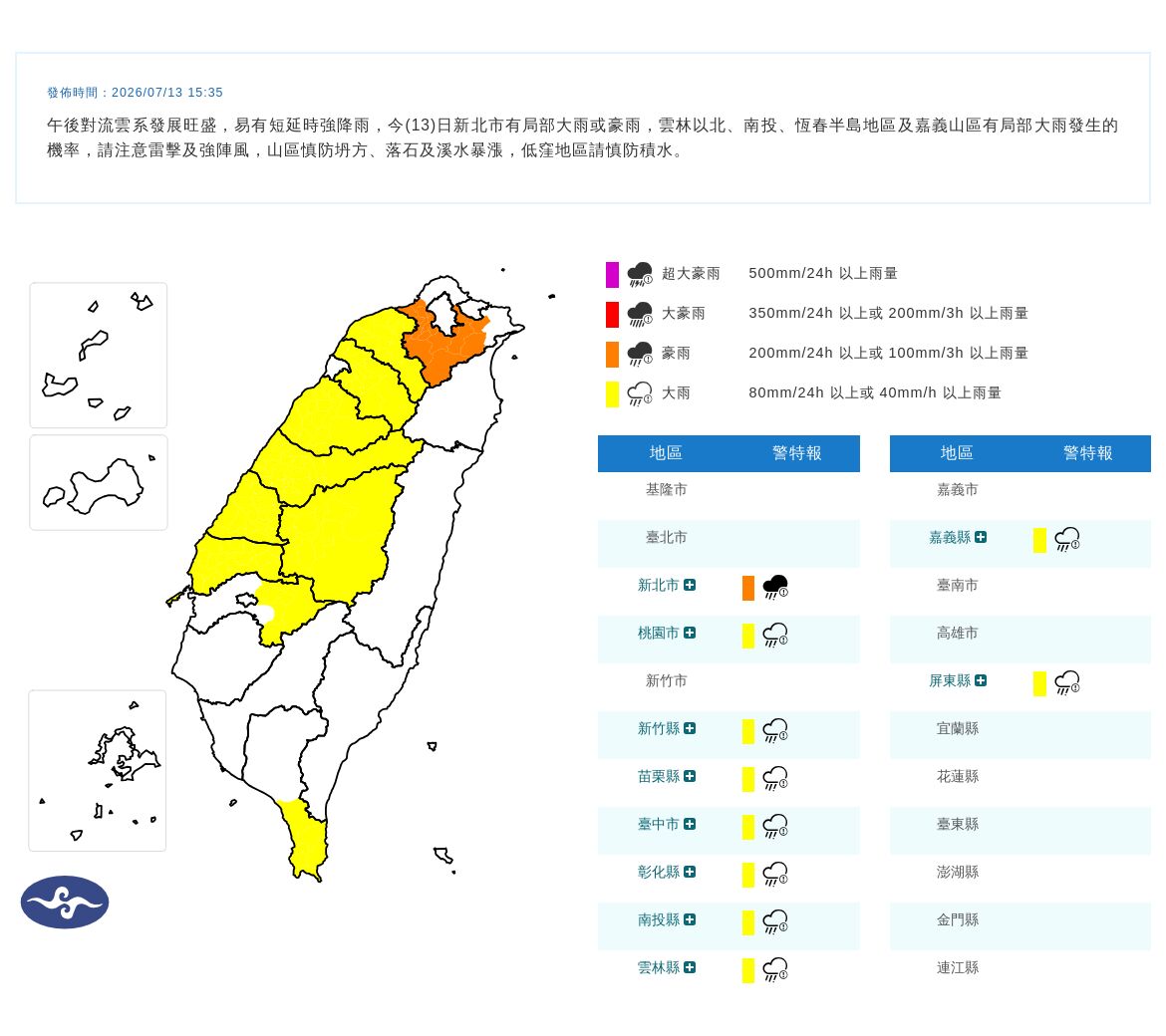 快訊／10縣市豪大雨特報！午後對流雲系發展旺盛雨彈狂炸　最新警戒區域曝