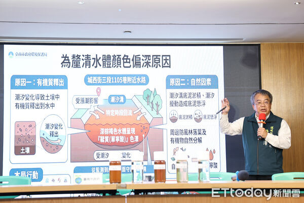 ▲台南市政府召開記者會，針對城西掩埋場排放黑水及曾文溪河口水色變異爭議提出說明。（記者林東良翻攝，下同）