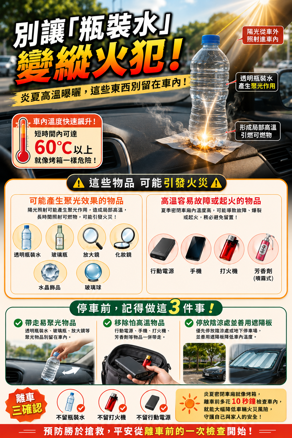 ▲▼天氣炎熱，透明寶特瓶放車上釀災。（圖／記者唐詠絮翻攝）