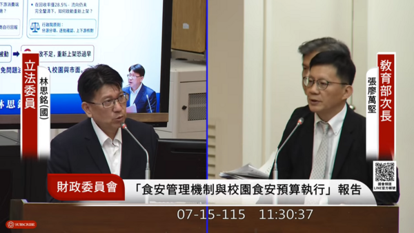 ▲國民黨立委林思銘15日在立法院財政委員會質詢教育部政務次長張廖萬堅。（圖／翻攝自YouTube／國會頻道）