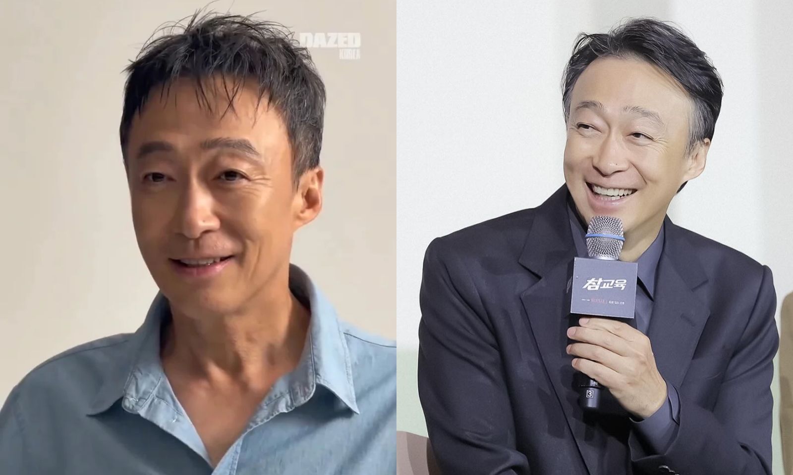 李星民上月出席《鐵拳教育》記者會，瘦了一大圈的模樣已讓眾人驚訝，近日曝光拍攝專訪的畫面曝光，又更瘦了。（左翻攝DAZED korea IG、右翻攝hbtent_official IG)