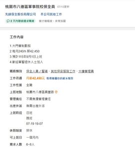 求職網站驚見「軍校衛哨換保全」開價找人 月薪4萬2、工作地點曝
