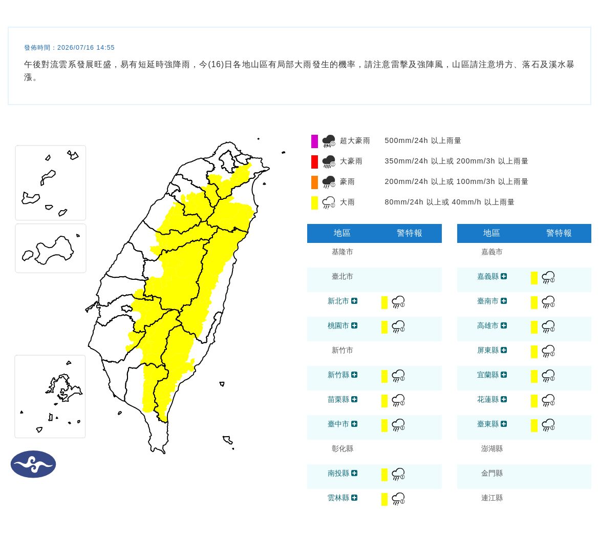 快訊／14縣市大雨特報！午後對流雲系發展旺盛雨彈狂炸　最新警戒區域曝