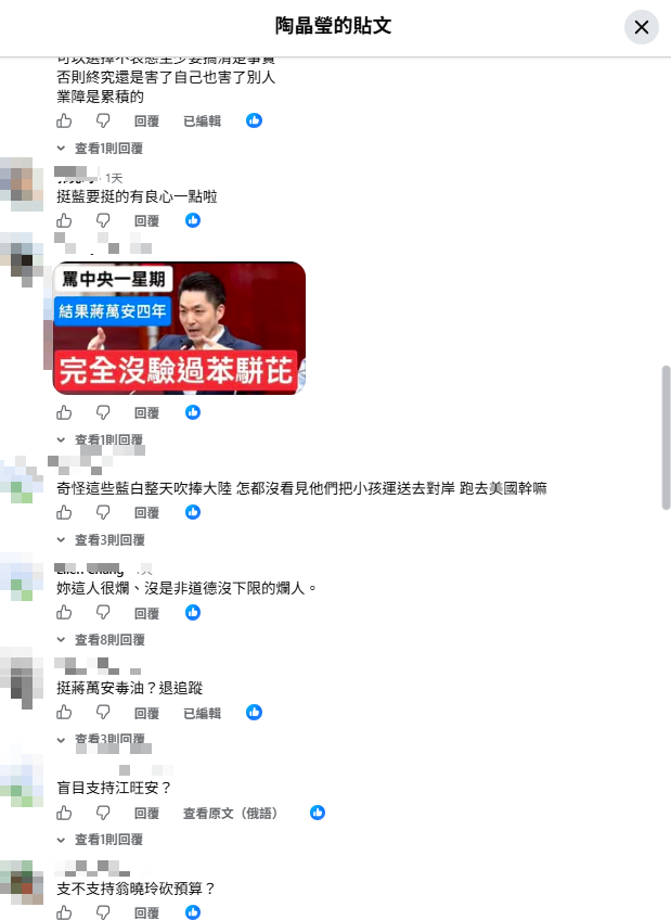 ▲綠營支持者洗板陶晶瑩臉書。（圖／翻攝自Facebook／陶晶瑩）