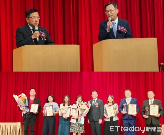 ▲蔡豐明、林國顯在典禮上致詞；下圖蔡豐明(右四)頒獎給績優航港從業人員。（圖／記者張佩芬攝）