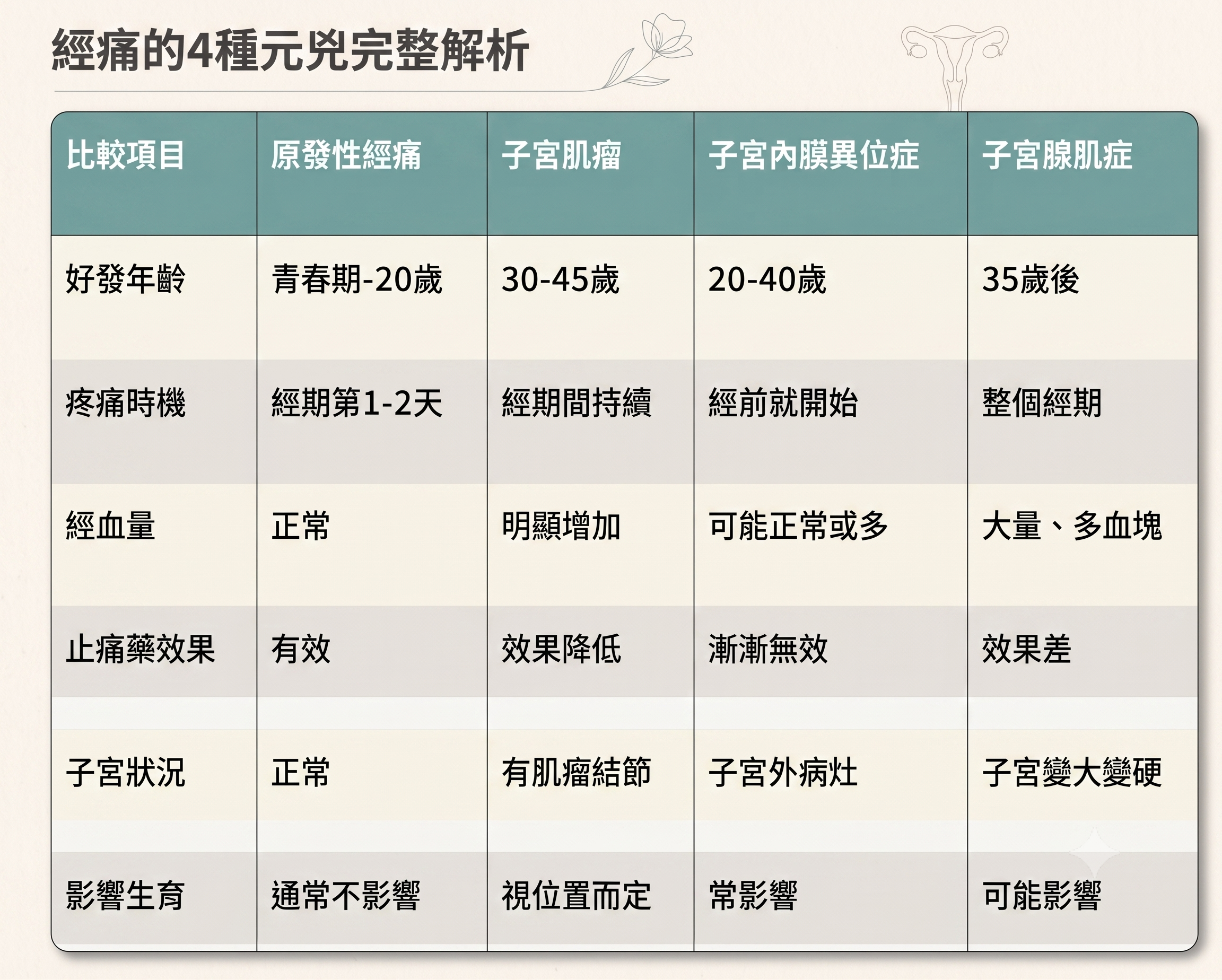 ▲▼4種經痛解析。（AI協作圖／記者李佳蓉製作，經編輯審核）