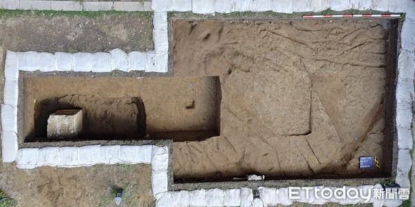 ▲台南公園考古試掘發現三合土遺構、中腹土結構及弧形城牆外壁，初步研判疑似大北門甕城城垣結構。（記者林東良翻攝，下同）