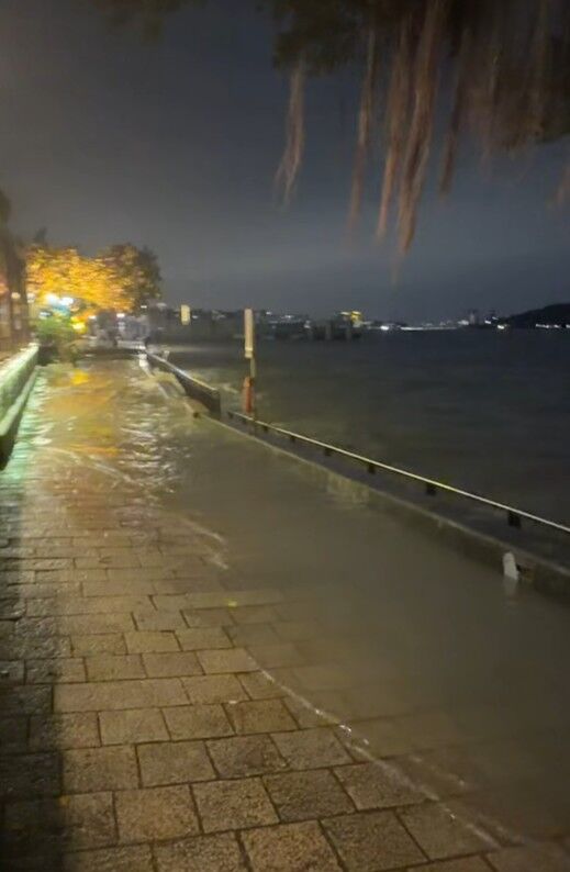 ▲▼白海豚逼近！淡水沿岸「海水湧上步道」。（圖／網友提供，請勿隨意翻拍，以免侵權。）