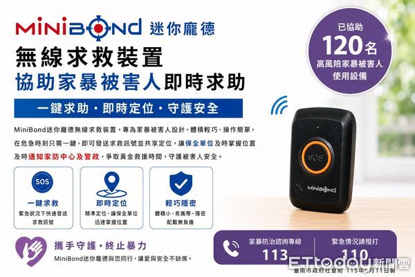 ▲台南市政府推動「家庭暴力被害人守護計畫」，運用「MiniBond迷你龐德」無線求救裝置，建立24小時即時救援網絡。（記者林東良翻攝）