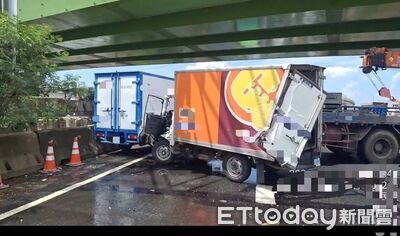 國1永康段3車連環撞!大貨車打橫占2車道 南向一度全線封閉