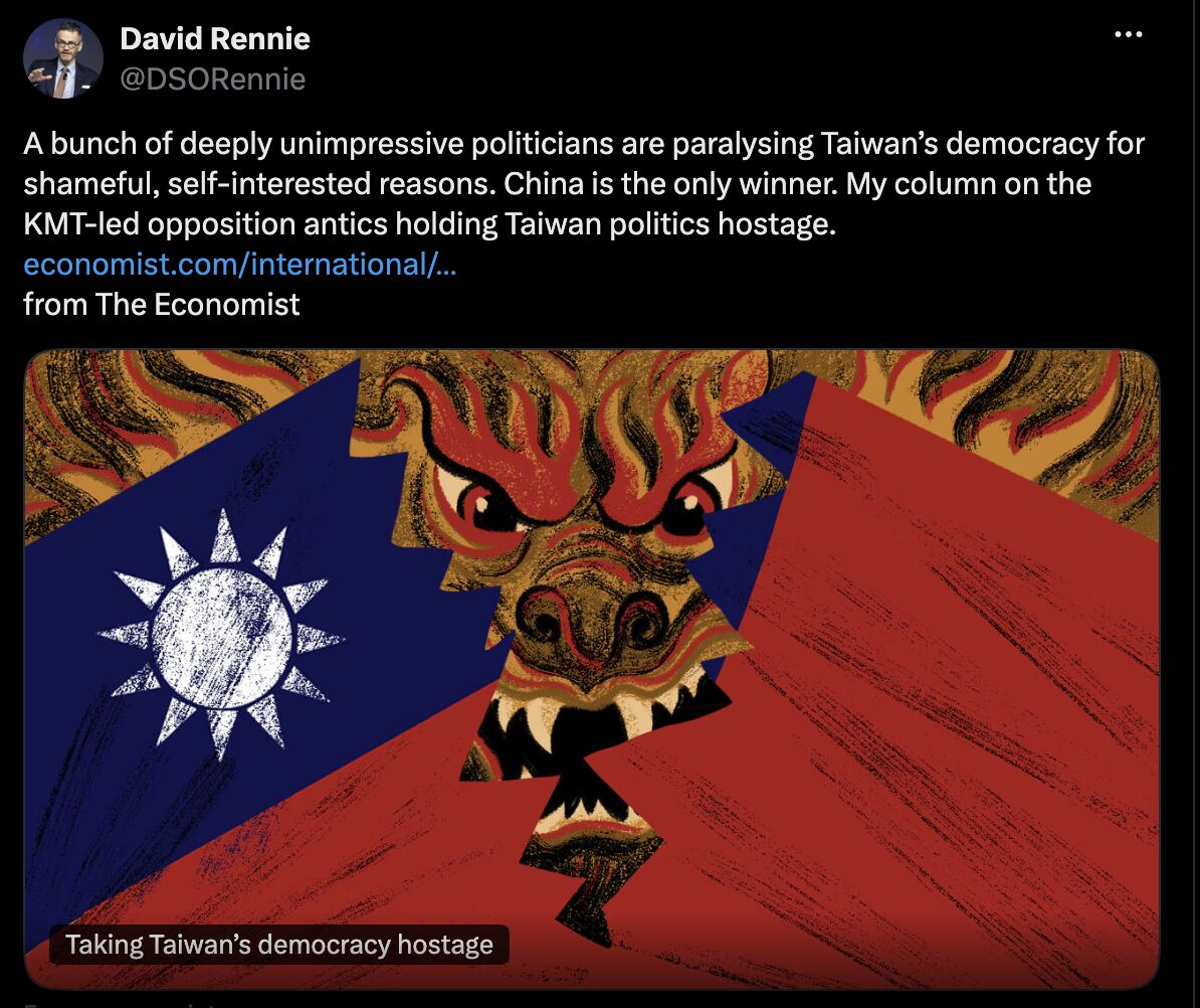 ▲▼知名國際雜誌《經濟學人》編輯大衛瑞尼（David Rennie）發文，證實這是他的最新專欄，並且直接點名國民黨透過政治操作，把台灣政治「挾持為人質」。（圖／David Rennie社群平台X）
