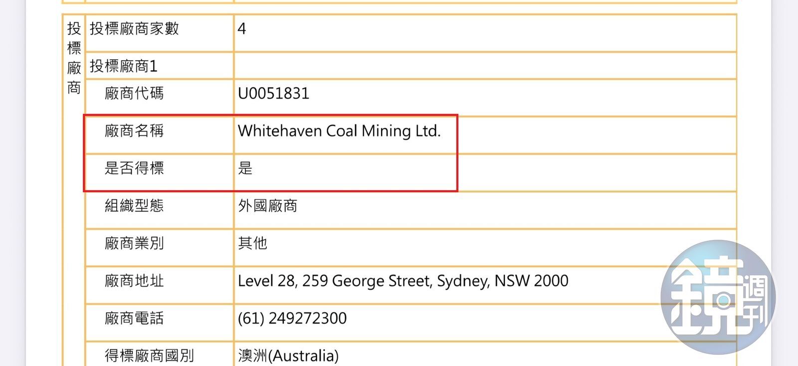 Whitehaven在去年11月28日仍拿到台電標案，圖為決標公告。（讀者提供）