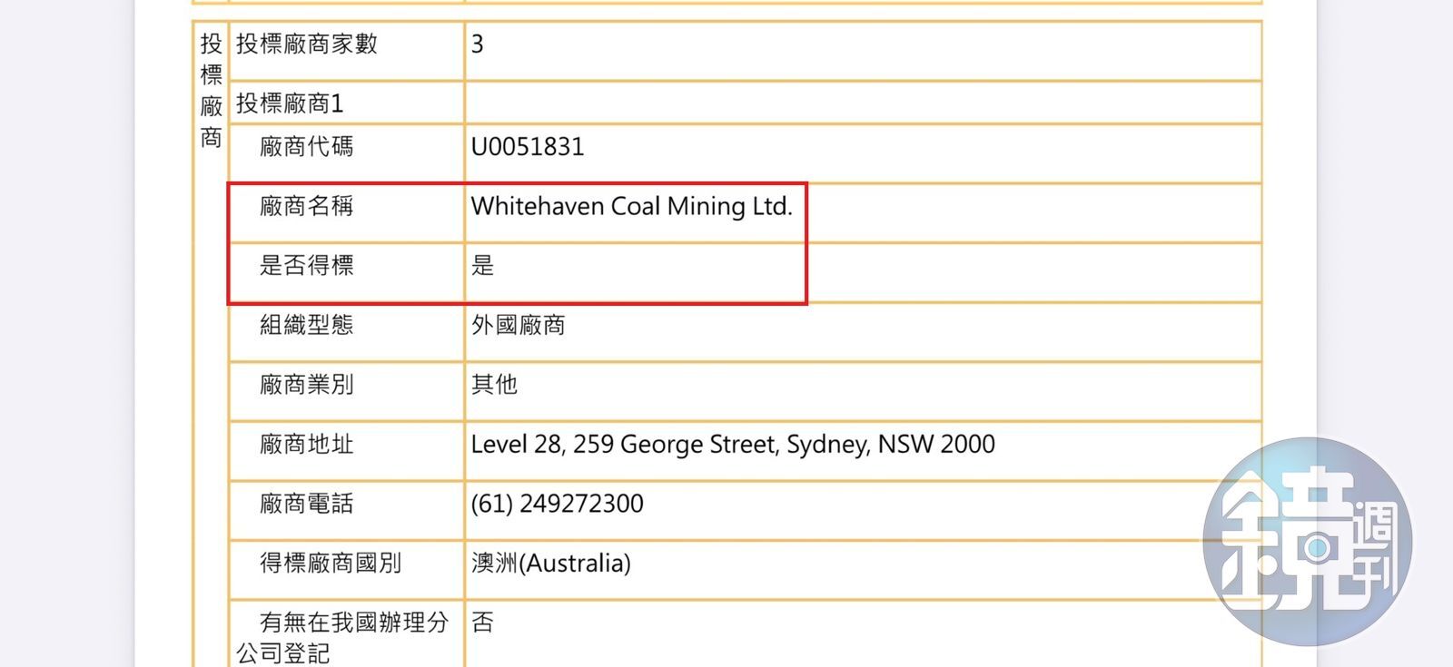 Whitehaven在今年1月30日拿到台電標案，圖為決標公告。（讀者提供）