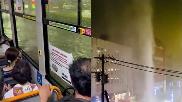 ▲▼千葉豪雨狂炸！公車變渡輪「水灌車廂」　路上驚見水柱衝天。（圖／翻攝X）