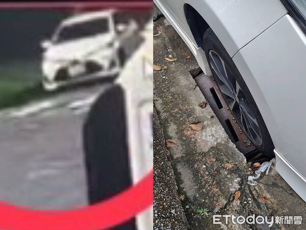 ▲▼高雄驚見「吃車陷阱」!轎車停車格起步水溝蓋秒崩塌 車輪慘被吞。(圖/記者賴文萱翻攝)