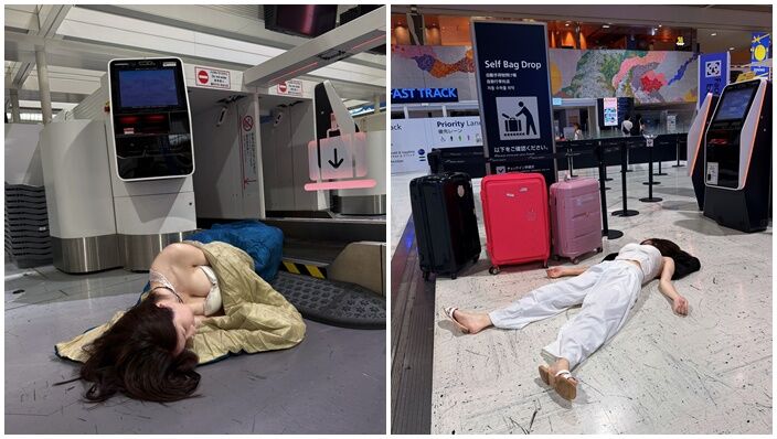 日本豪雨「台辣模受困機場」！大字型躺地…穿太低胸全被拍：比搭商務艙還屌