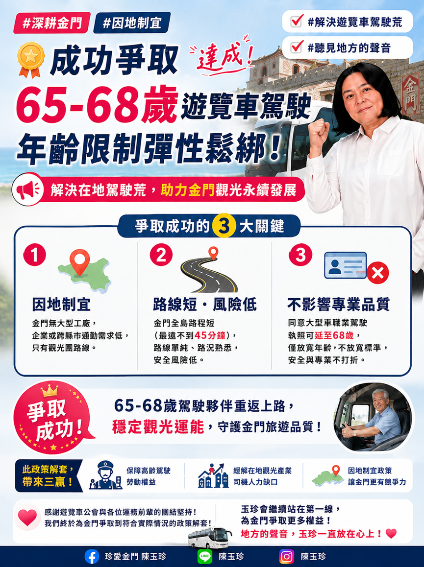 ▲▼陳玉珍立委為金門65至68歲遊覽車駕駛爭取可續接觀光旅遊團行程。（圖／陳玉珍立委服務處提供）