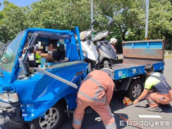 ▲▼         新竹景觀大道貨車撞休旅車 車體變形「駕駛受困」警消急破壞救人    。（圖／記者楊永盛翻攝）