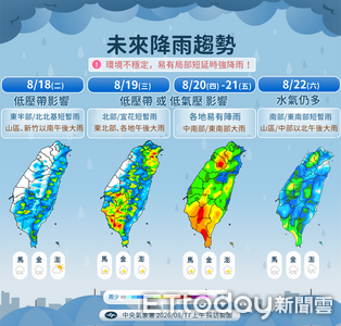 午後新竹以南防大雨　周四低壓帶移入全台水氣增